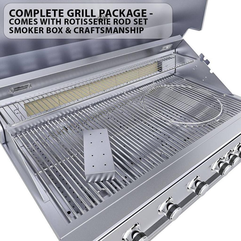 Sunstone Ruby Series 42-Inch 5-Burner Pro-Sear Stainless Steel Drop-In Propane Gas Grill with Infrared Burner, Rotisserie Kit, and LED Lighting