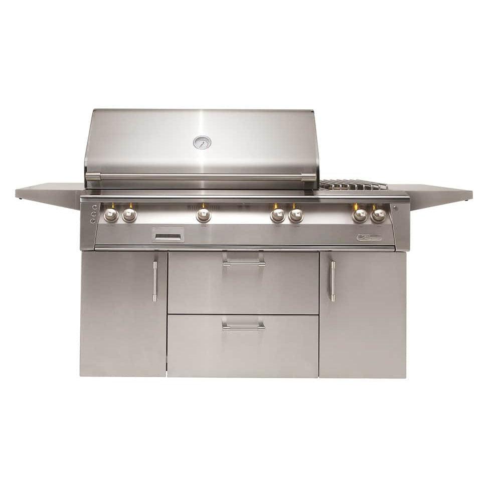 Alfresco 56-Inch Luxury Deluxe Liquid Propane Grill with Sideburner and Cart - 3 Burner, 20k BTU Sideburner, Luminous Orange Gloss Finish