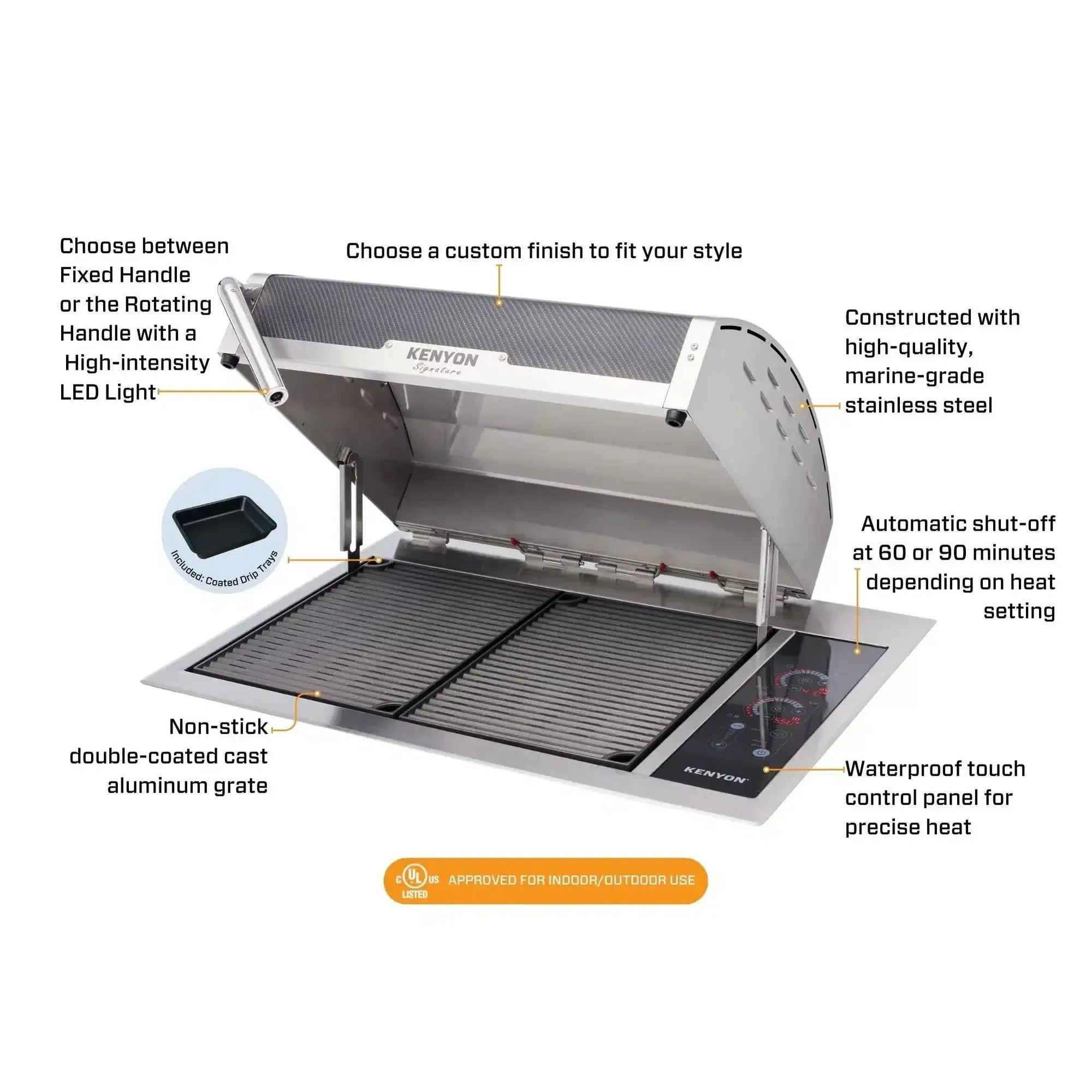 Kenyon Signature 30-Inch 2-Burner Built-In Electric Grill, 240V with IntelliKEN Touch Control and Carbon Fiber Lid